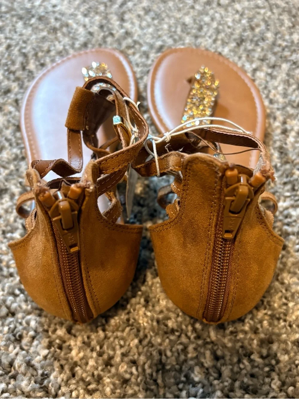 Women's Brown T-Strap Sandals with Gold Glitter Accents